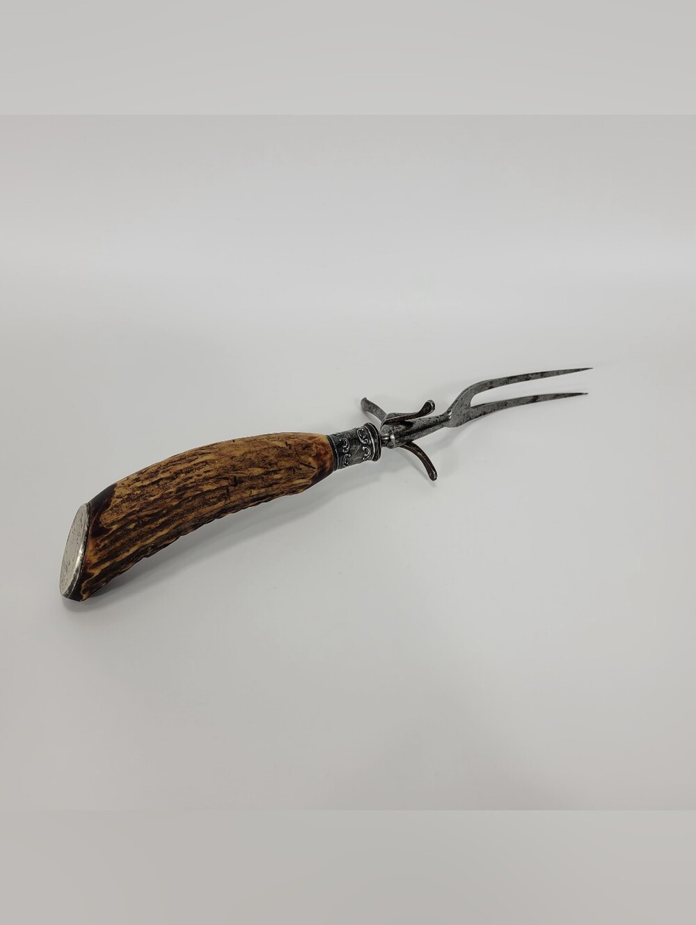 Vintage Sterling Silver Antler Handle Carving Serving Fork Meat Utensil Antique